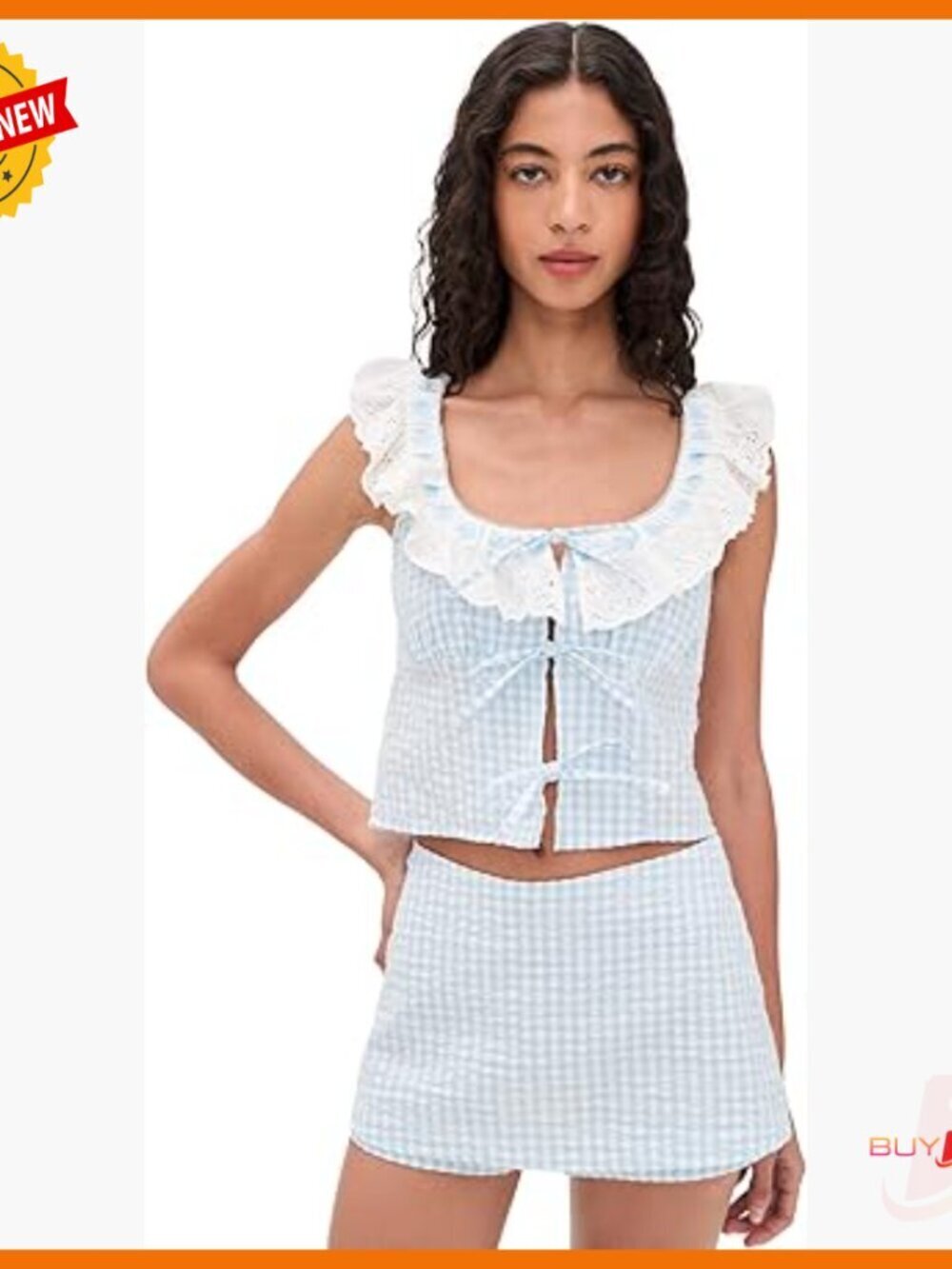 Sleeveless Gingham Blouse with Embroidered Eyelet Trim and Fish Details